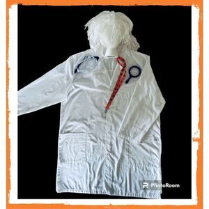 Mad Scientist Einstein Costume White Lab coat wig magnifying glass beaker +